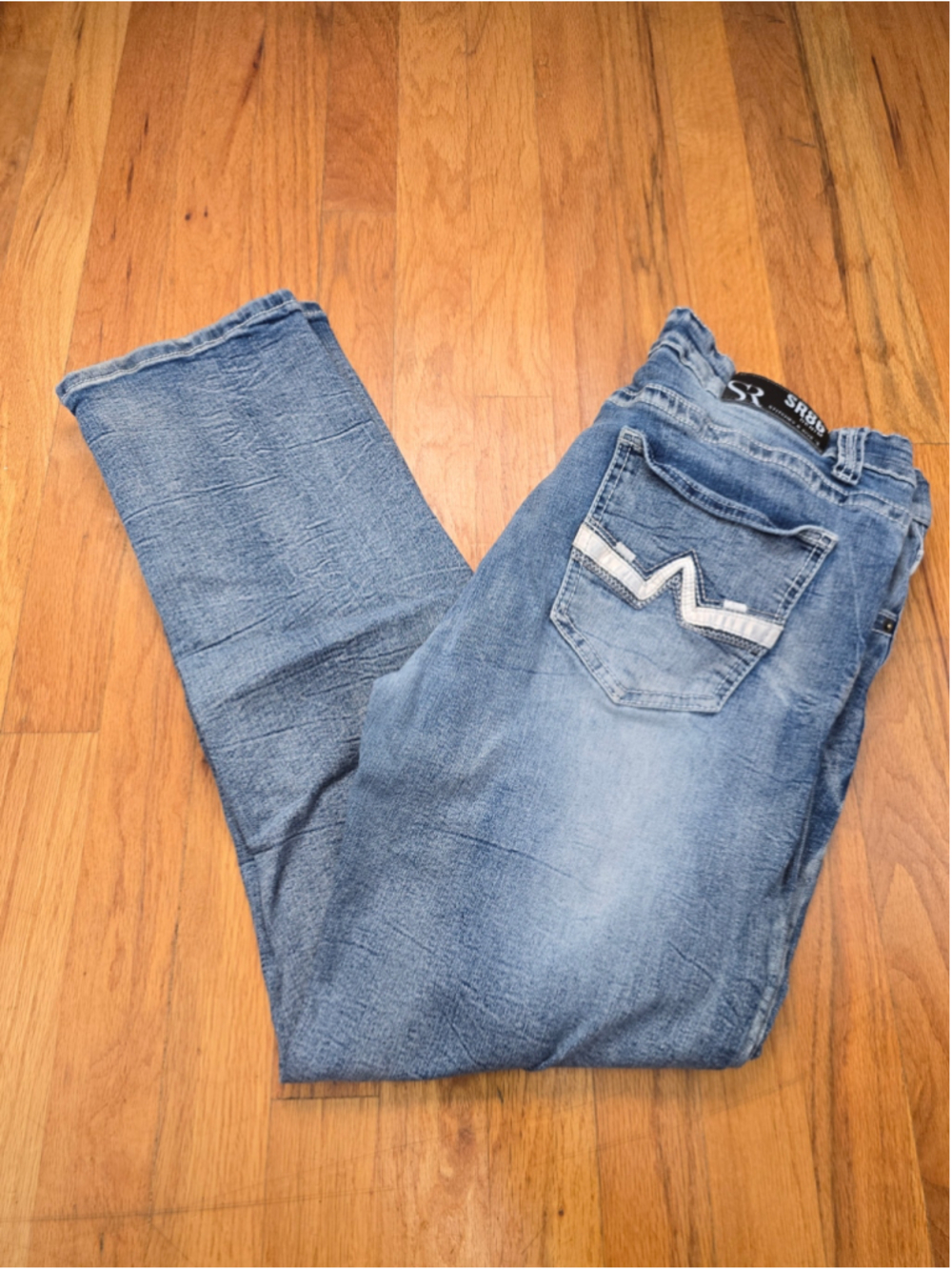 Men's Stitch Rivets Straight Jeans Waist 36 Blue White